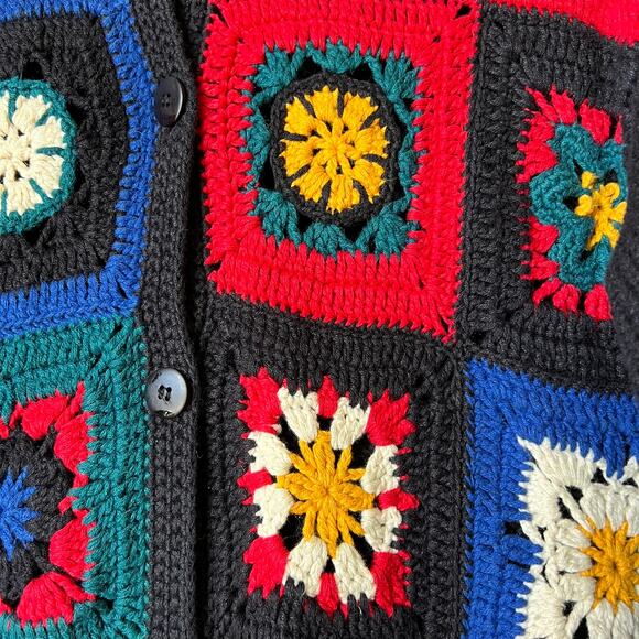 Le Moda Sweater Womens Size Medium Vintage Black Knitted by Hand Granny Square - Picture 7 of 16